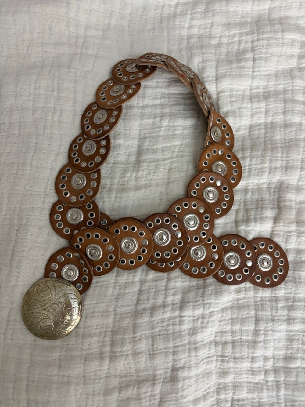 FREE PEOPLE Handcrafted Brown Leather Disc Belt with Silver Concho - Picture 2 of 4